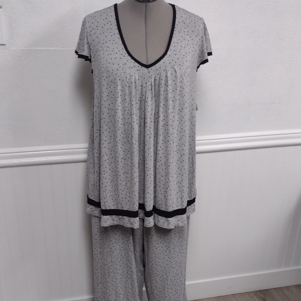 Ellen Tracy Gray Polka Dot Pajama Set with Black Trim